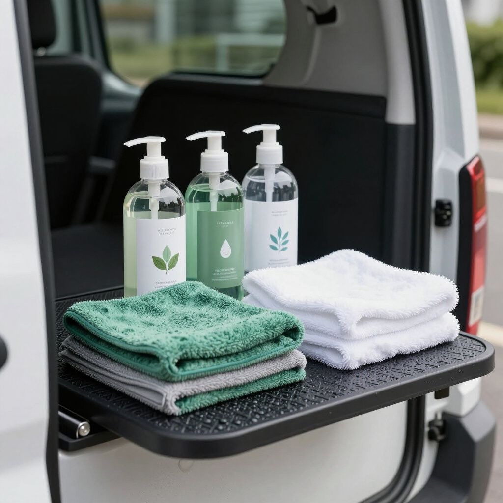 Weißer Lieferwagen mit offener Ladefläche, Ablage mit Seifenflaschen und gefalteten Handtüchern, grün und grau.