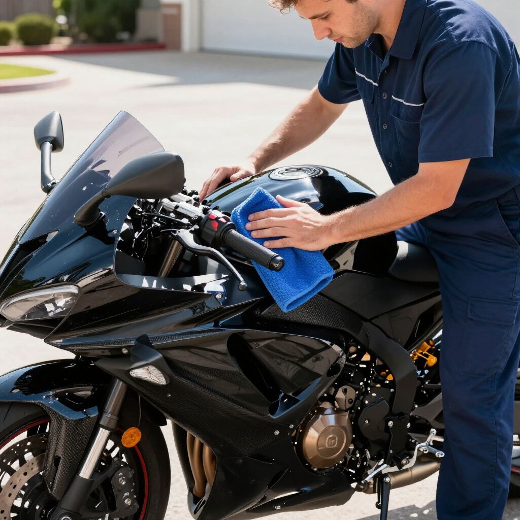 Ein Mann in blauem Overall wischt im Freien ein schwarzes Sportmotorrad mit einem blauen Tuch ab.