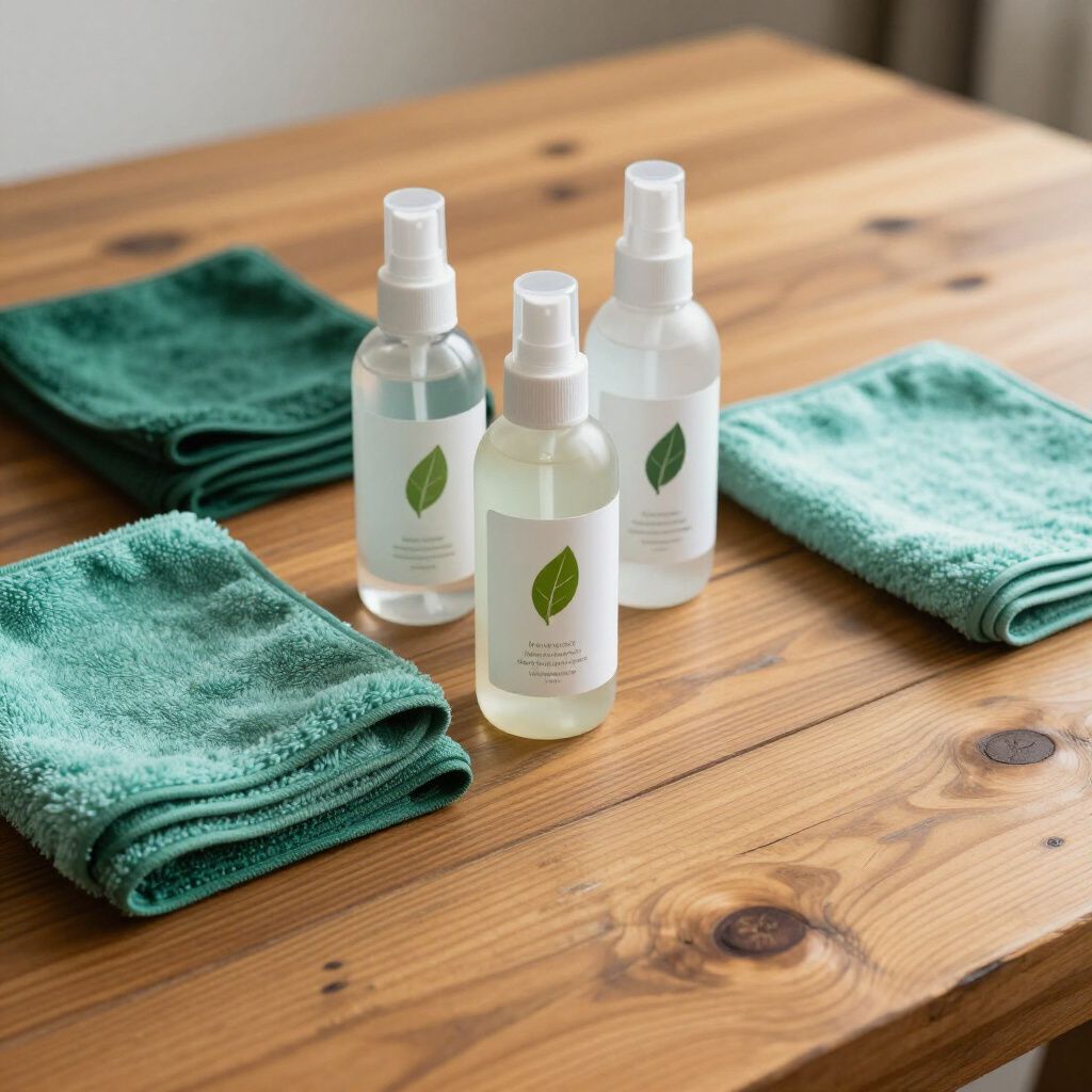Drei Sprühflaschen und zwei grüne Waschlappen auf einem Holztisch.