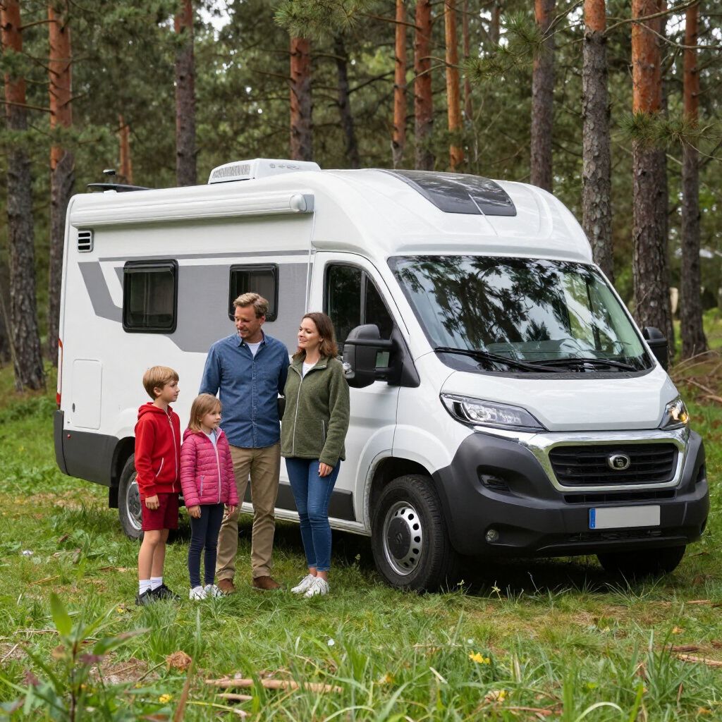 Eine Familie steht neben einem weißen Wohnmobil in einem Wald.