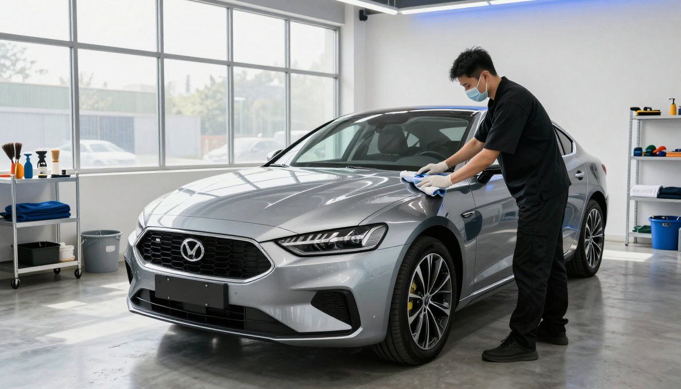 Eine Person mit Mundschutz reinigt in einer Autopflegewerkstatt die Motorhaube eines silbernen Autos.