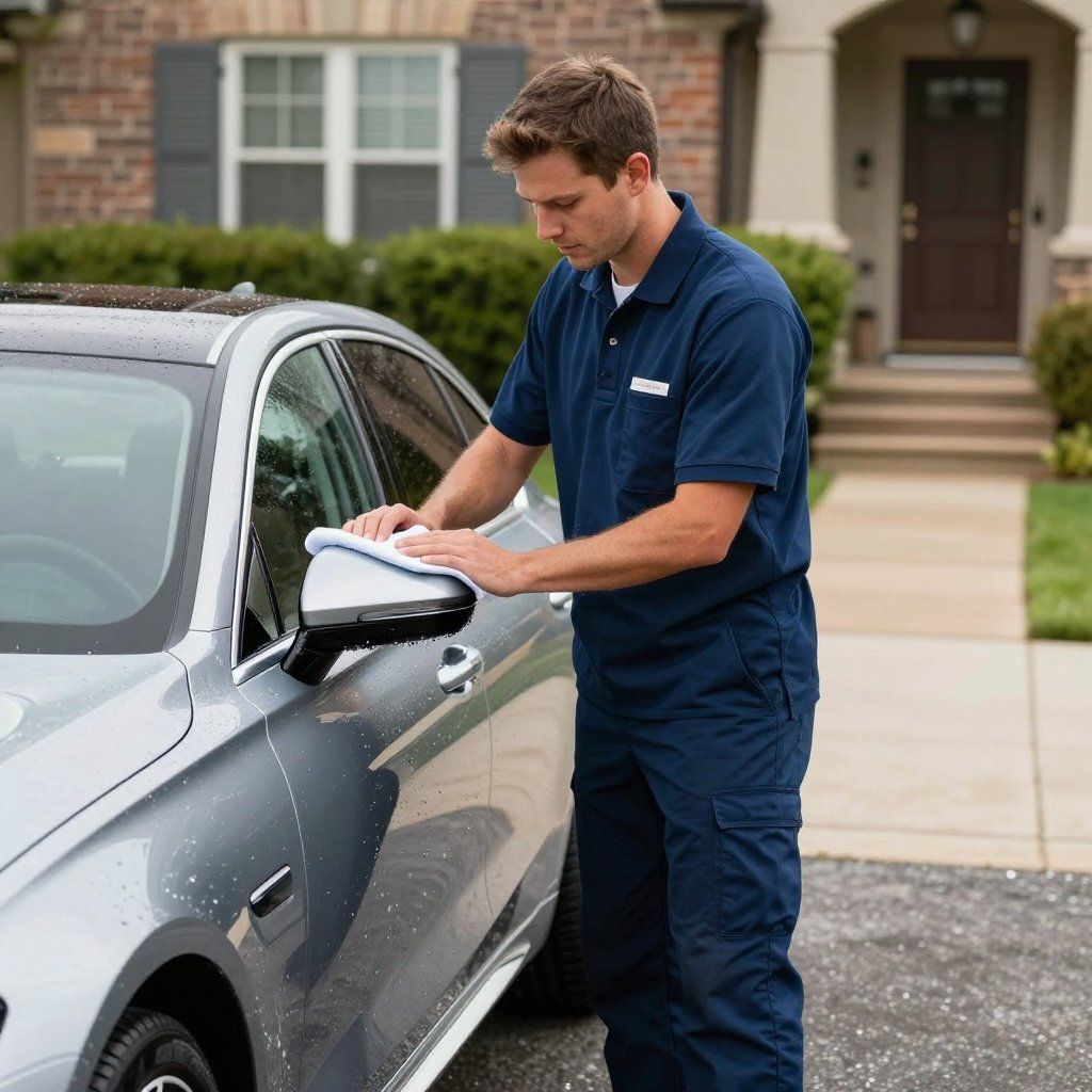 Ein Mann in blauer Uniform putzt vor einem Haus den Seitenspiegel eines silbernen Autos.