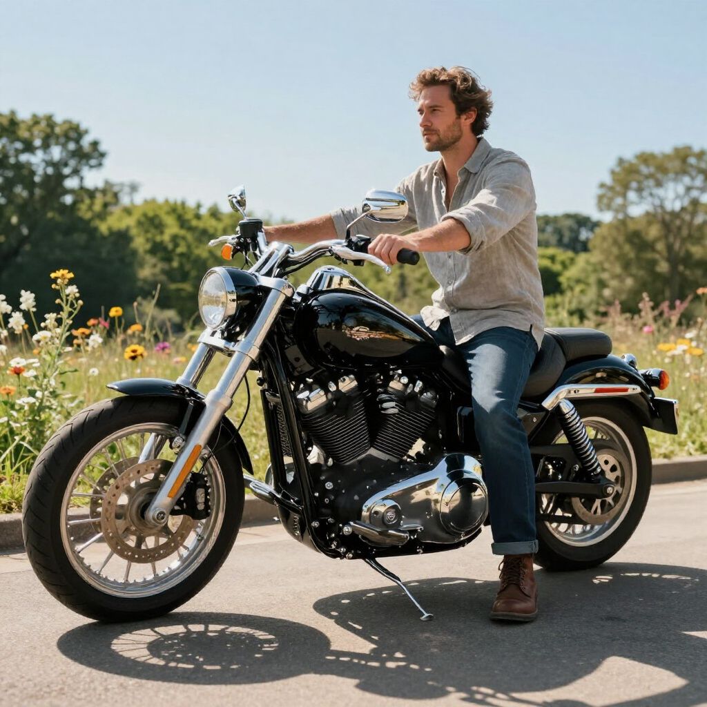 Mann sitzt an einem sonnigen Tag auf einem schwarzen Harley-Davidson-Motorrad.