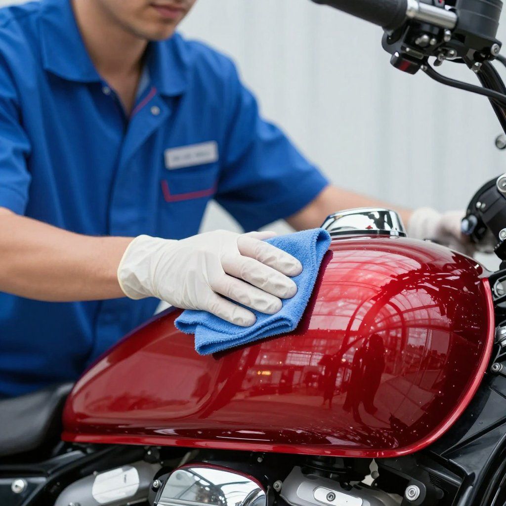Eine Person in blauer Uniform und Handschuhen reinigt mit einem blauen Tuch einen roten Motorrad-Benzintank.