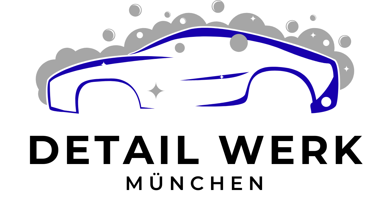 Blaue Umrisse eines mit grauen Blasen gewaschenen Autos, darunter „DETAIL WERK MÜNCHEN“.