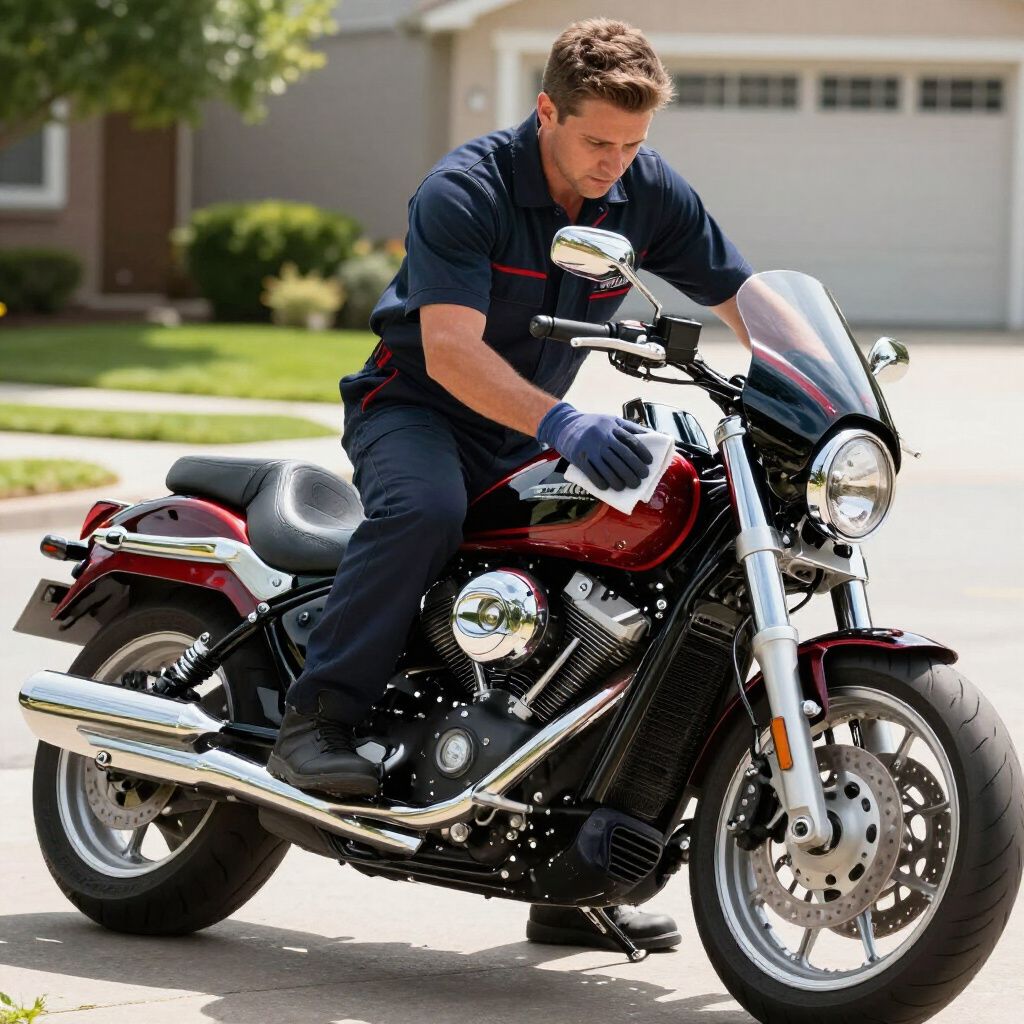 Ein Mann, der eine dunkelblaue Uniform und Handschuhe trägt, reinigt im Freien vor einem Haus ein rotes Motorrad.