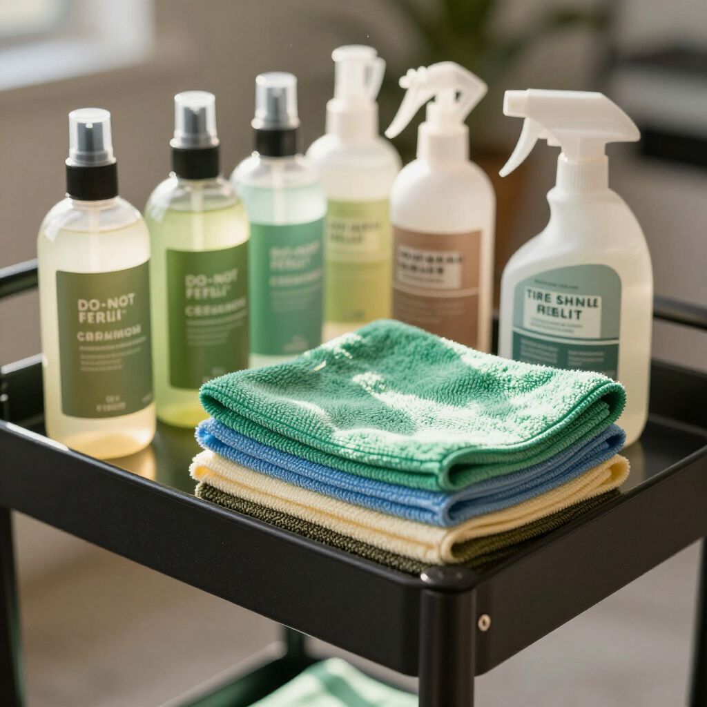 Reinigungsmittel auf einem schwarzen Wagen mit Mikrofasertüchern. Die Flaschen haben verschiedene Größen und Farben.