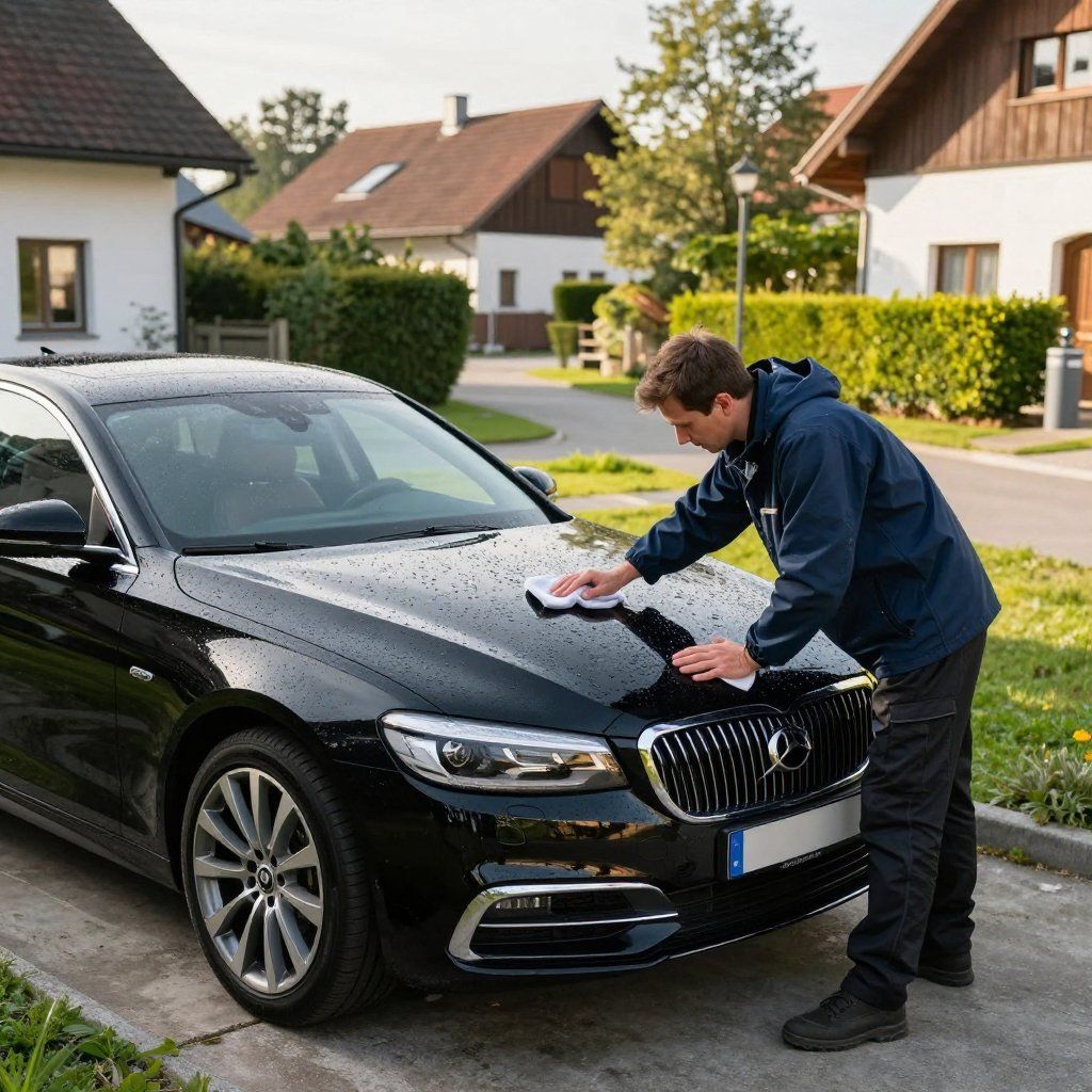 Ein Mann in blauer Jacke poliert ein schwarzes Auto auf einer sonnigen Auffahrt; im Hintergrund sind Häuser zu sehen.