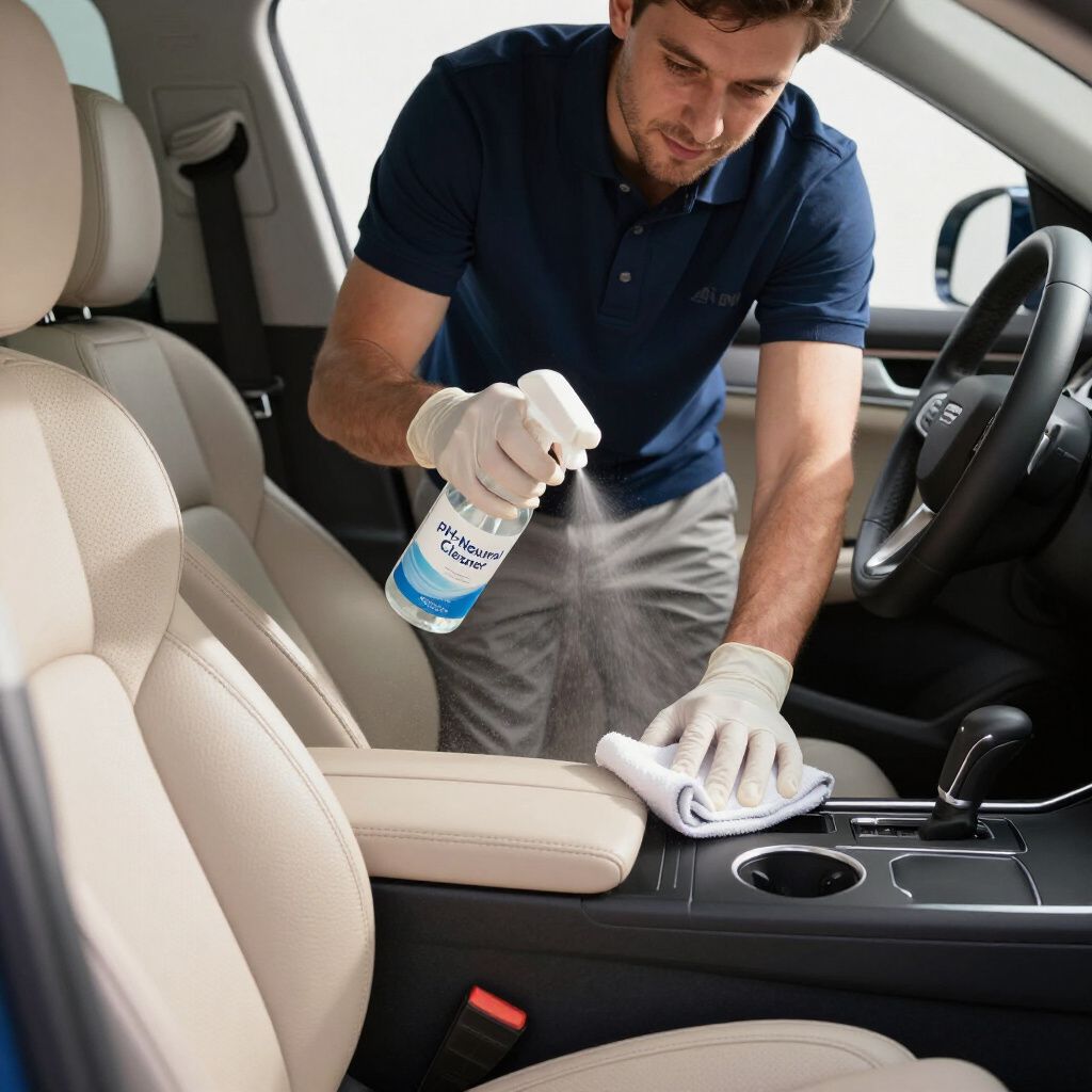 Mann reinigt den Innenraum eines Autos mit Sprühflasche und Tuch.