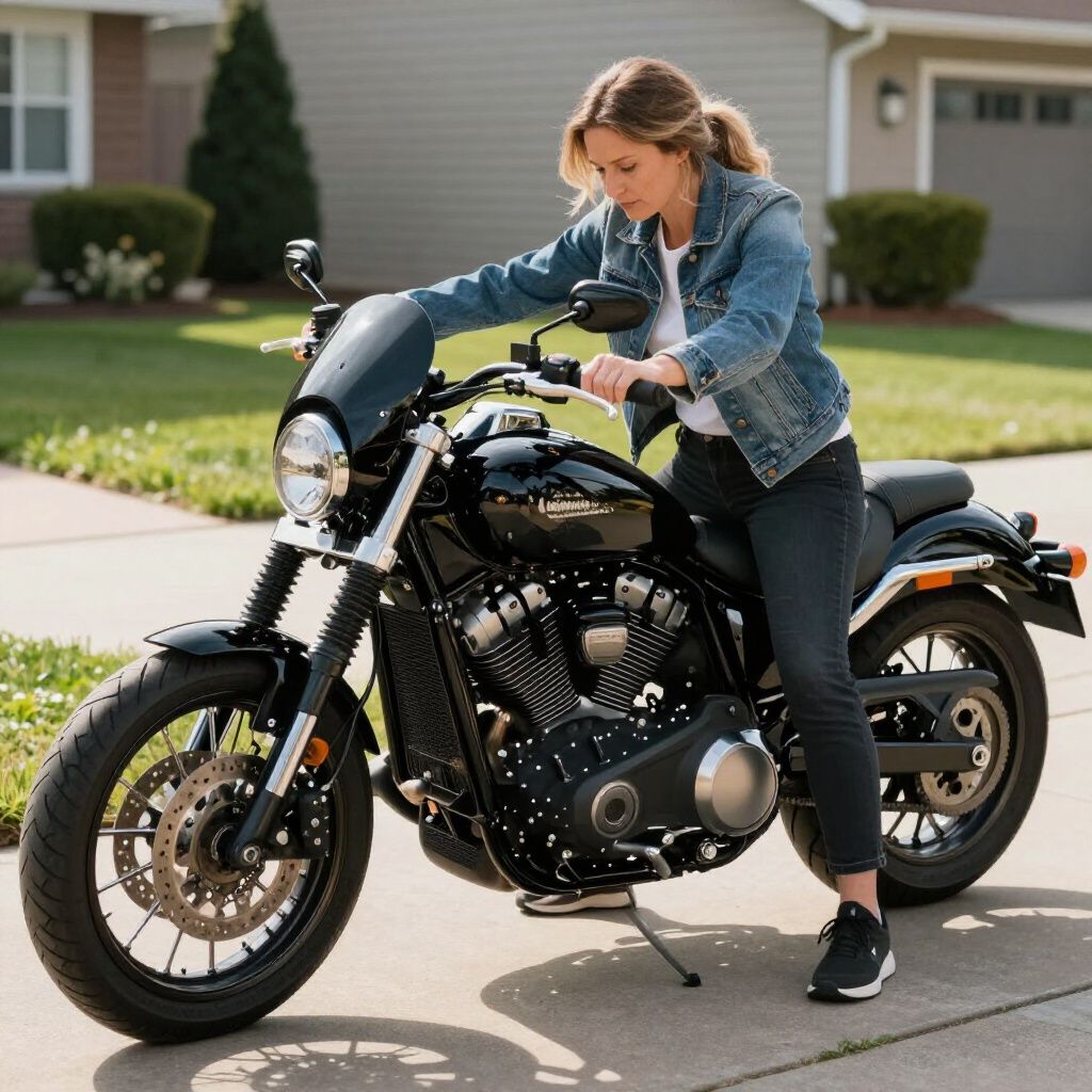 Eine Frau sitzt auf einem schwarzen Motorrad vor einem Haus. Sie trägt eine Jeansjacke und eine dunkle Hose.