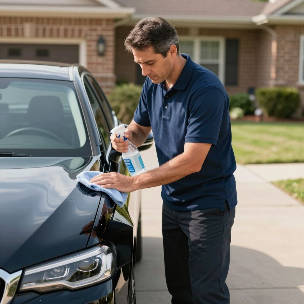 Ein Mann wäscht vor einem Haus ein schwarzes Auto mit einer Sprühflasche und einem Lappen.