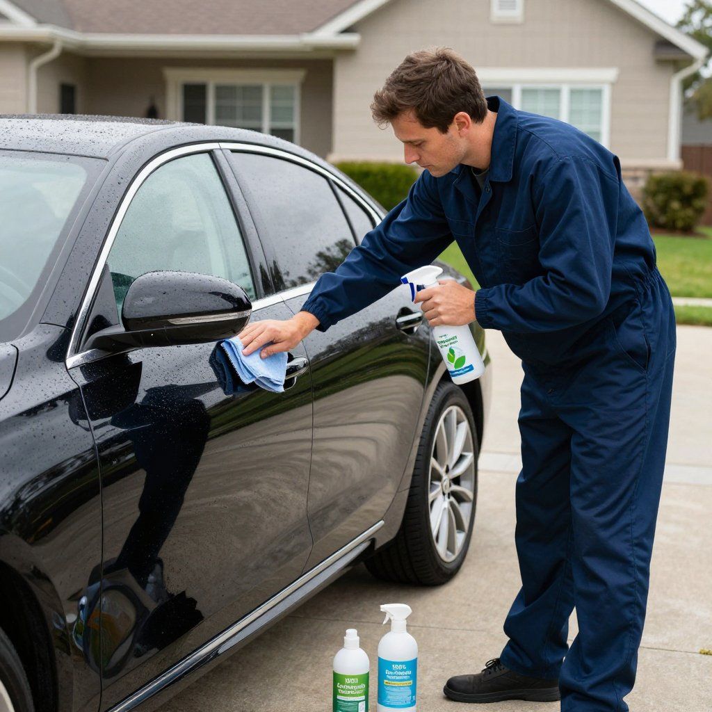 Ein Mann in blauem Overall reinigt in der Einfahrt ein schwarzes Auto mit Sprühflasche und Lappen.
