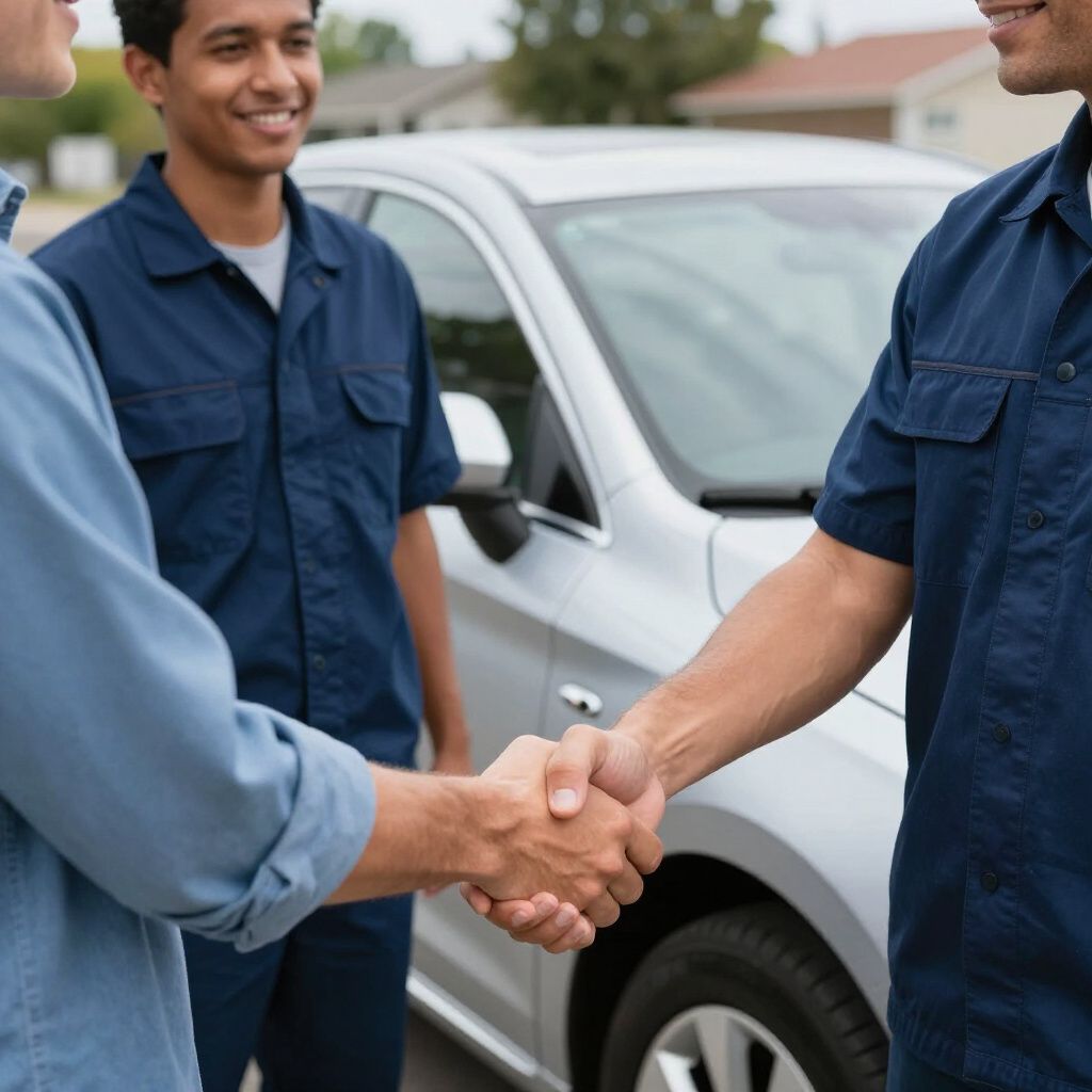 Drei Personen schütteln sich neben einem silbernen Auto die Hände. Zwei Männer tragen blaue Hemden; einer lächelt. Draußen.