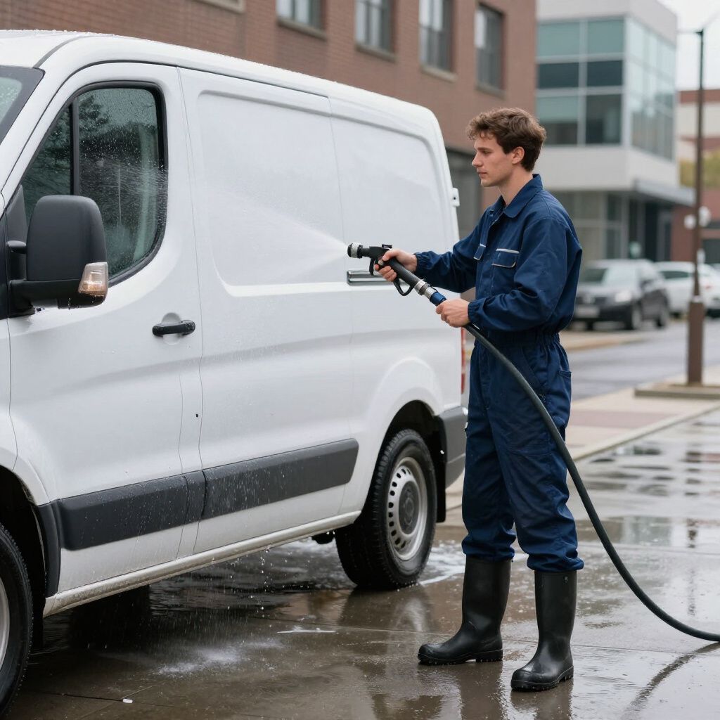 Ein Mann in Arbeitskleidung wäscht draußen einen weißen Lieferwagen mit einem Hochdruckreiniger.