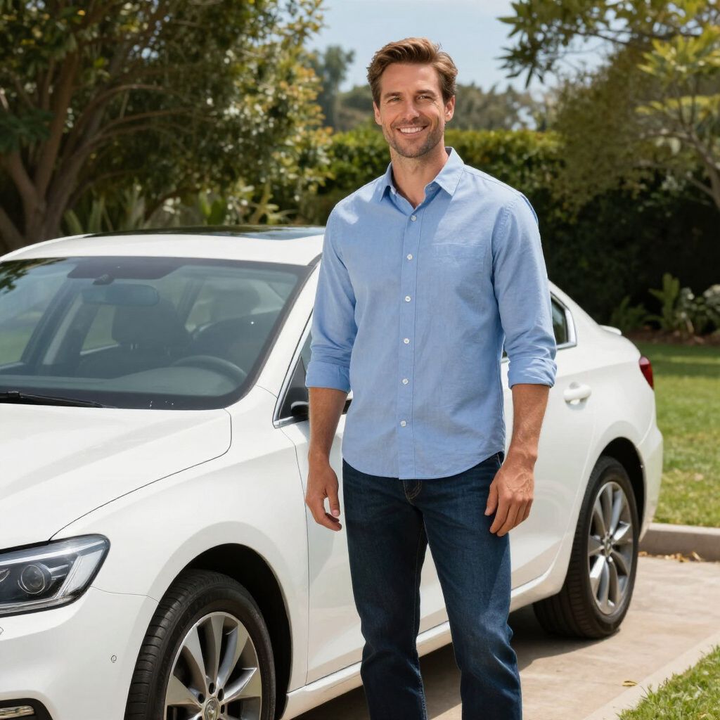 Ein Mann in blauem Hemd und Jeans steht im Freien neben einem weißen Auto.