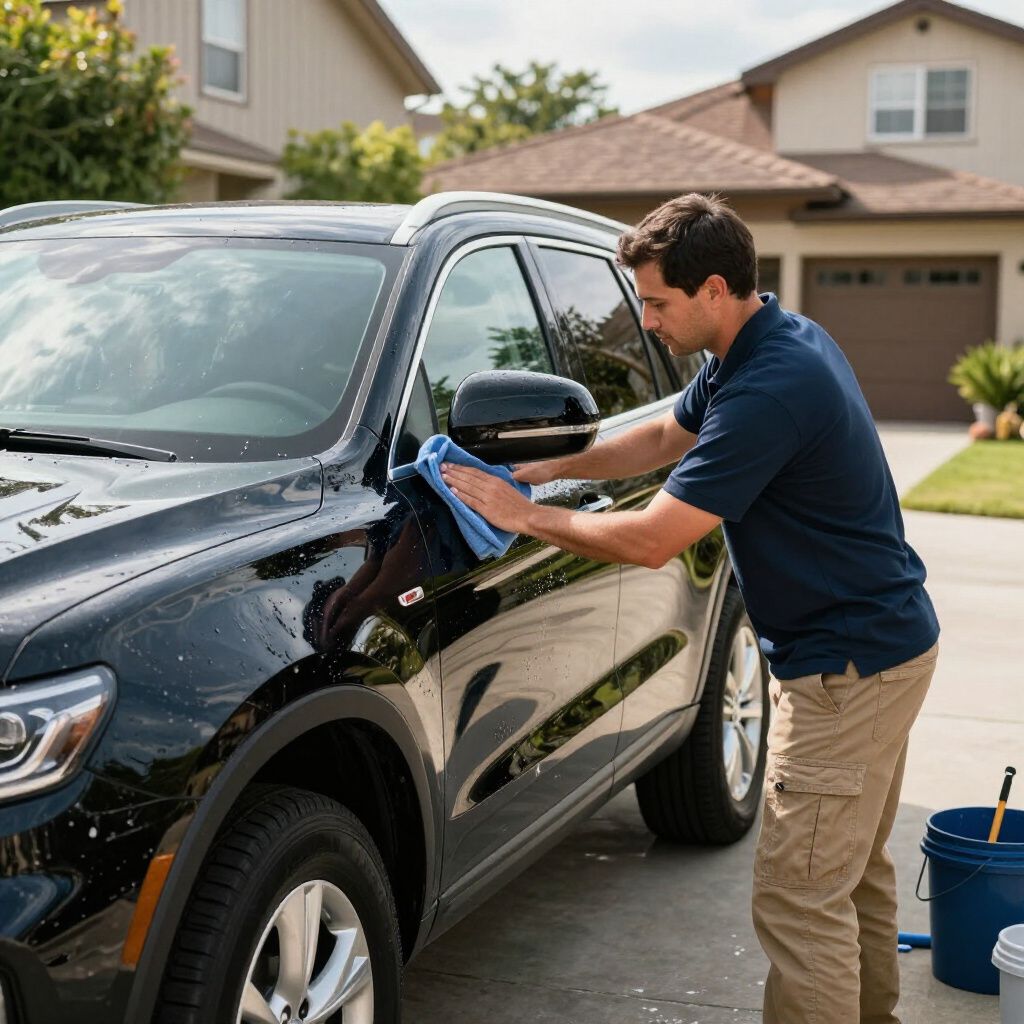 Ein Mann wäscht einen schwarzen Geländewagen in einer Einfahrt mit einem blauen Tuch und einem Eimer.