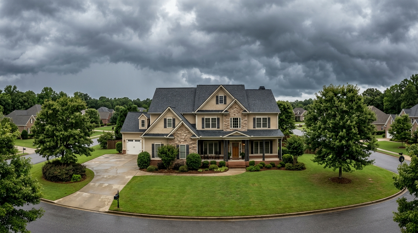 Suburban Alabama home with a storm approaching in the background, showing potential weather damage risks