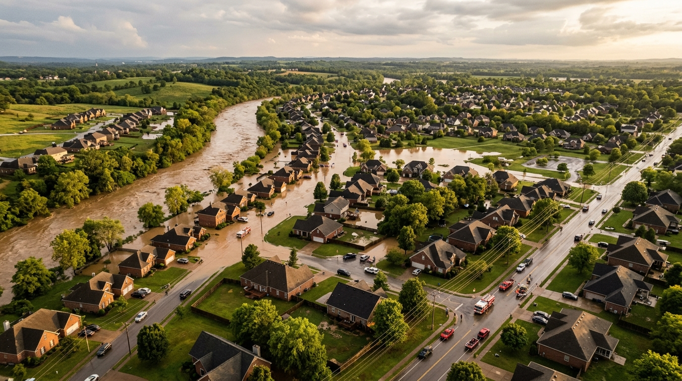 Flooded residential street in north Alabama with water surrounding homes and a car partially submerged near the curb