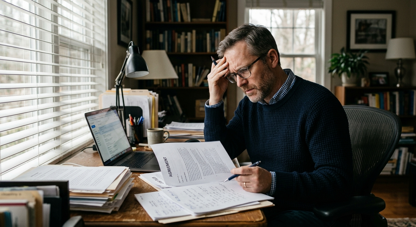 Person reviewing insurance documents at a desk with a calculator and laptop, planning financial protection