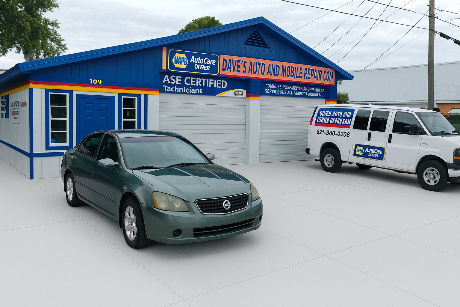 Green car parked in front of a blue auto repair shop; a white van is parked nearby.