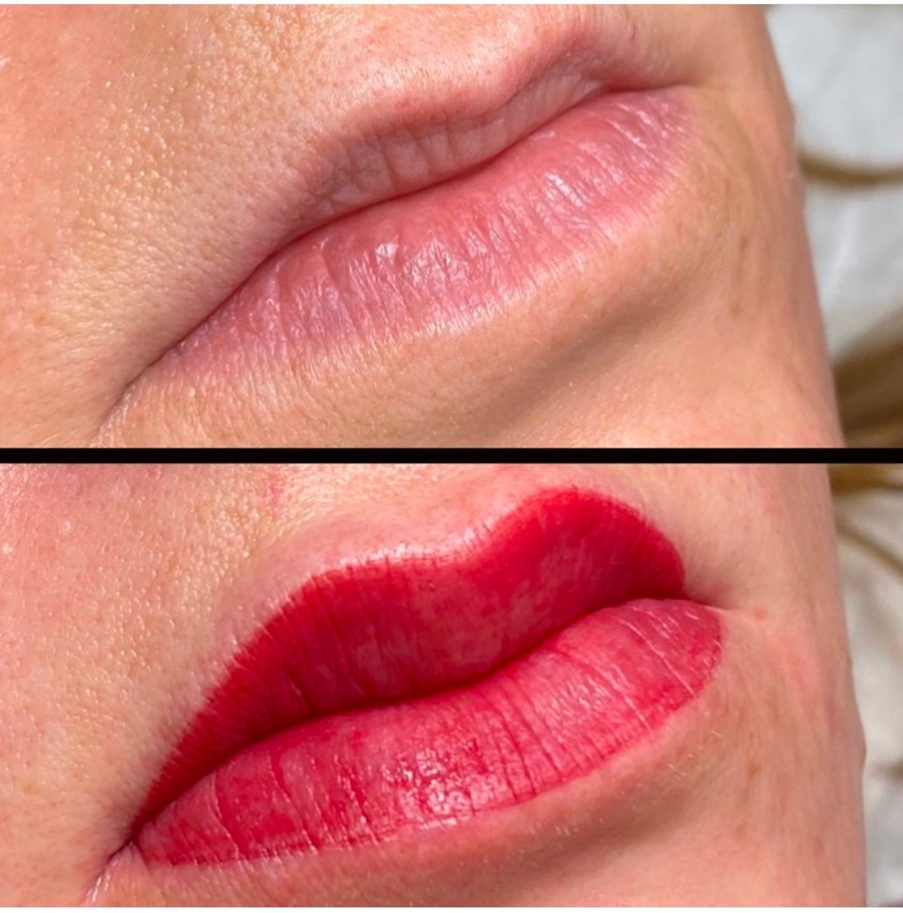 A before and after picture of a woman 's lips with red lipstick.