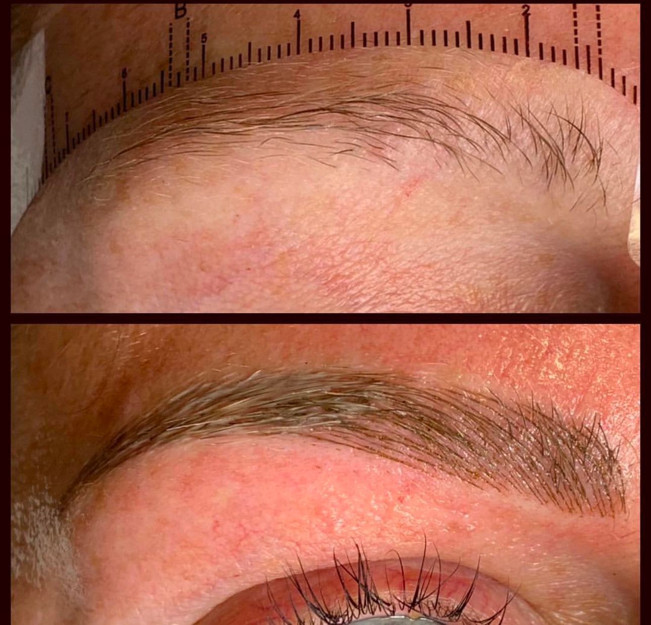 A before and after picture of a woman 's eyebrows