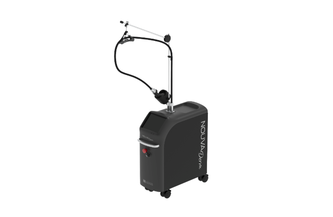 Black medical laser device with an articulating arm, on wheels.
