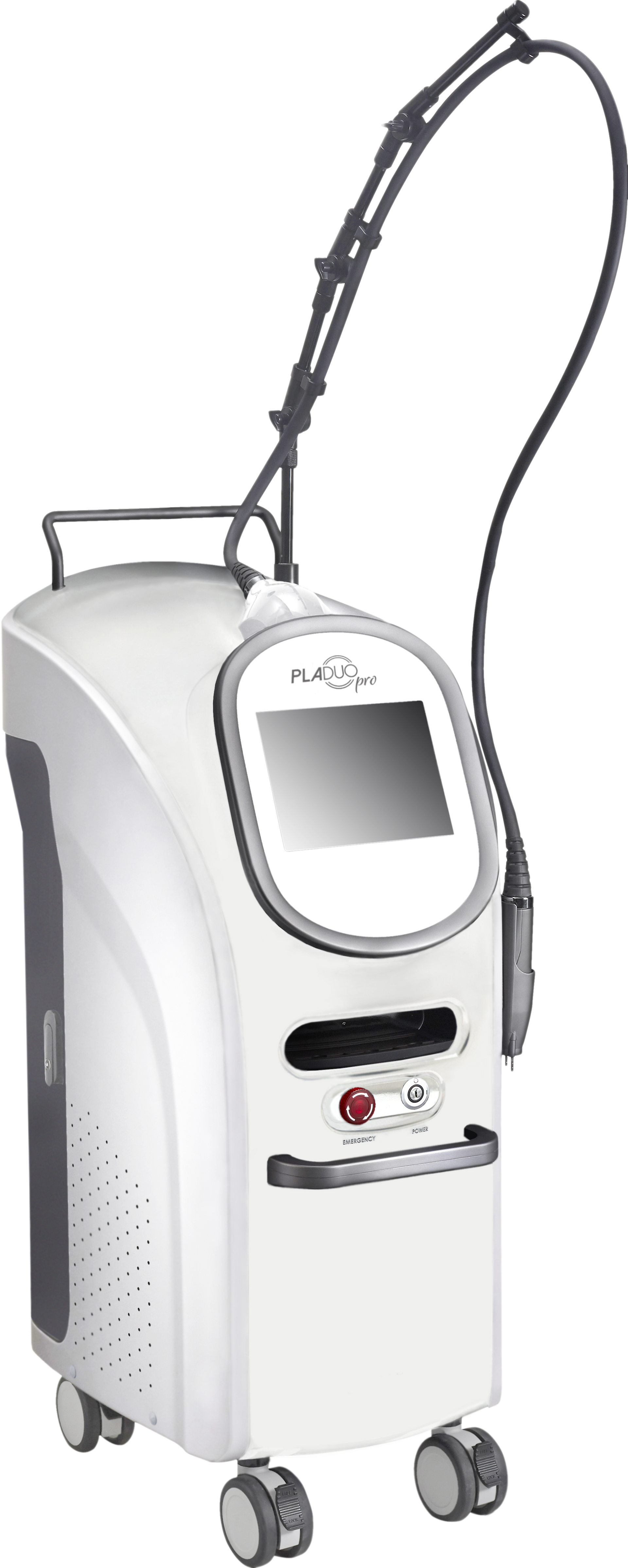 Medical device with a touchscreen, mounted on wheels, and a flexible arm extending upward.