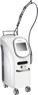 Medical device on wheels with an articulated arm and a screen. White and silver with black accents.
