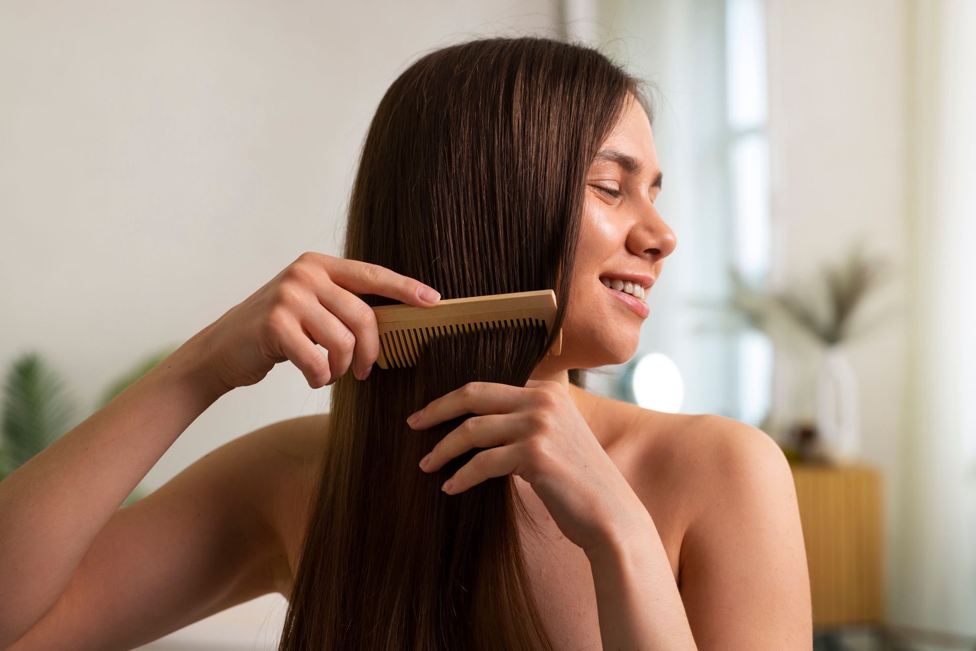 A woman is brushing her hair with a wooden comb.