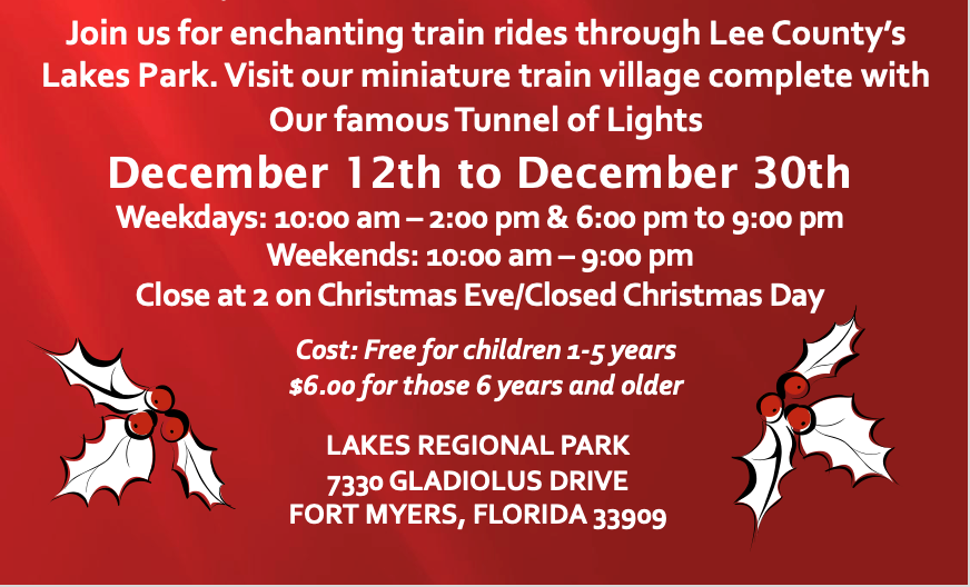 Advertisement for train rides at Lakes Park, Fort Myers, Florida. Dates: Dec. 12-30. Cost: free for children 1-5, $6 for 6+.