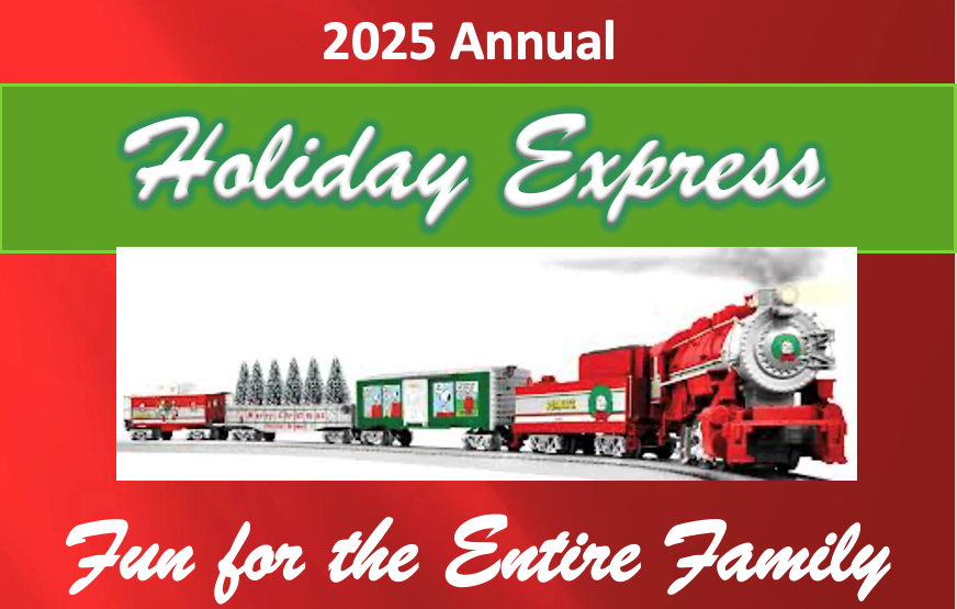 Holiday Express train graphic with red and green accents; tagline
