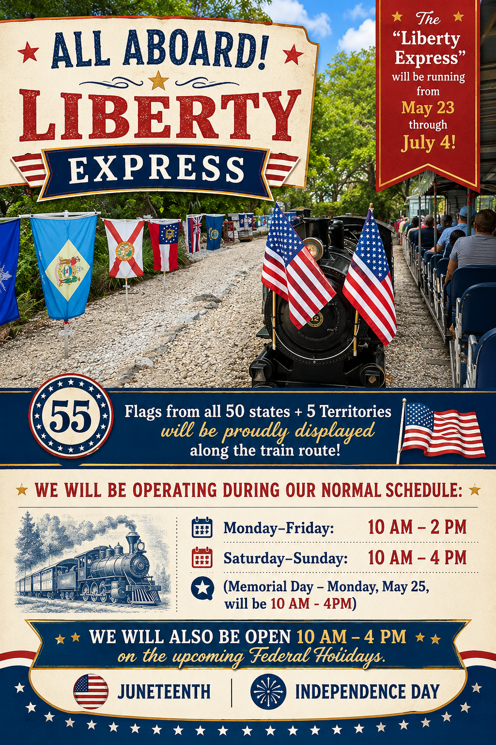 Liberty Express parade poster with flags, red-white-blue decorations, and Independence Day schedule details