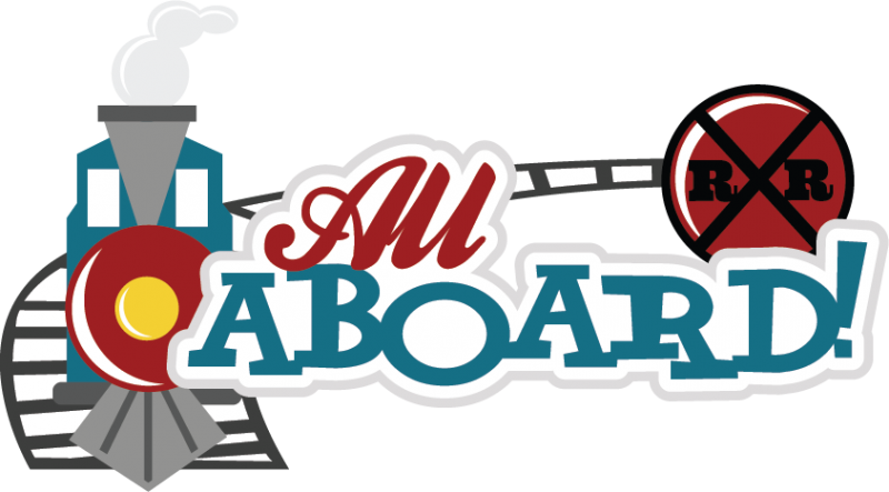 A logo with a train and the words all aboard