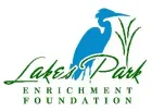 Blue heron silhouette in front of Lakes Park logo; green script text,