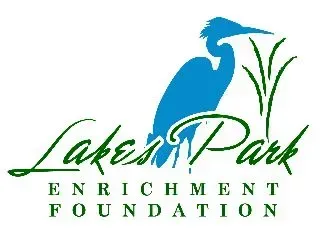 Blue heron silhouette in front of Lakes Park logo; green script text, 