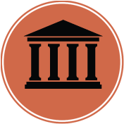 An icon of a building with three columns in a circle.