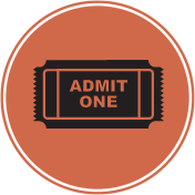 An icon of a ticket that says admit one in a circle.