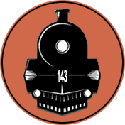 A black and white drawing of a train engine with the number 143 on it.