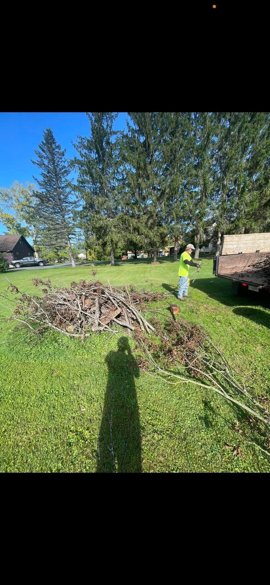 A person in a neon yellow shirt works on a pile of brush in a grassy yard, with evergreen trees in the background.