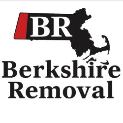 A black and red logo for "Berkshire Removal" featuring a silhouette of the state of Massachusetts.