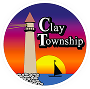 Clay Township logo with lighthouse, sailboat, and sunset over water.