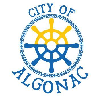 City of Algonac logo with blue and gold ship’s wheel and text around a circular rope border.