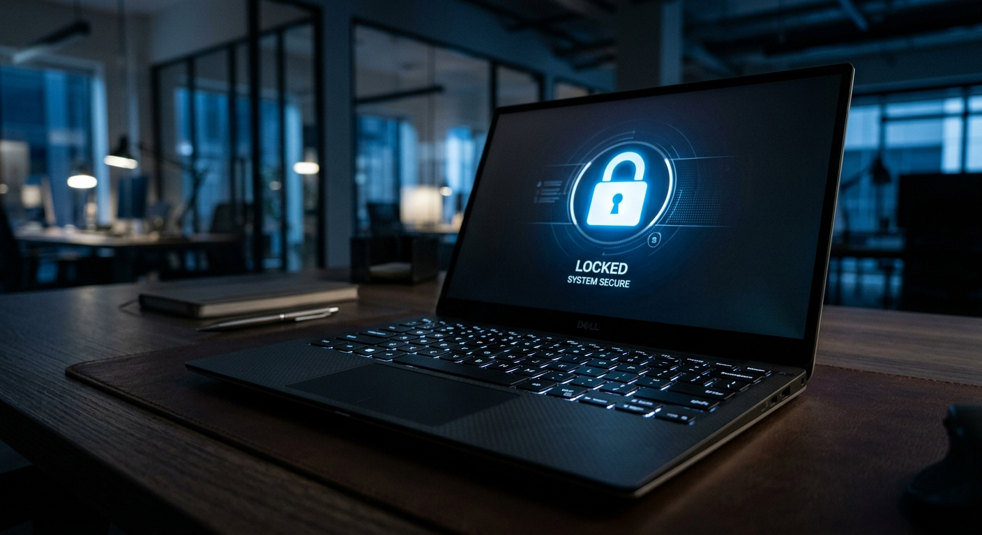 Florida business owner reviewing cyber security alerts on a laptop at a modern office desk