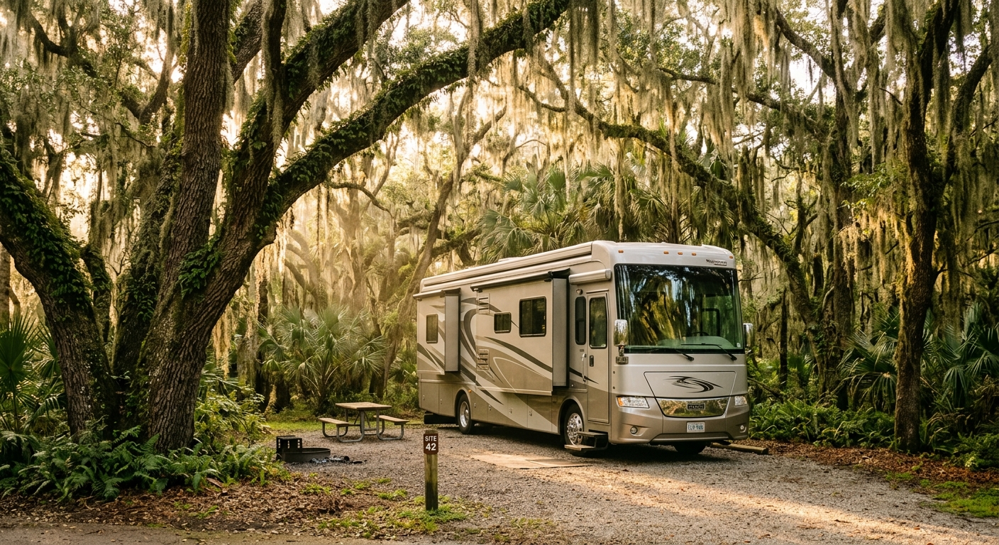 A white Class A motorhome parked at a sunny Florida campground near palm trees with an open awning extended