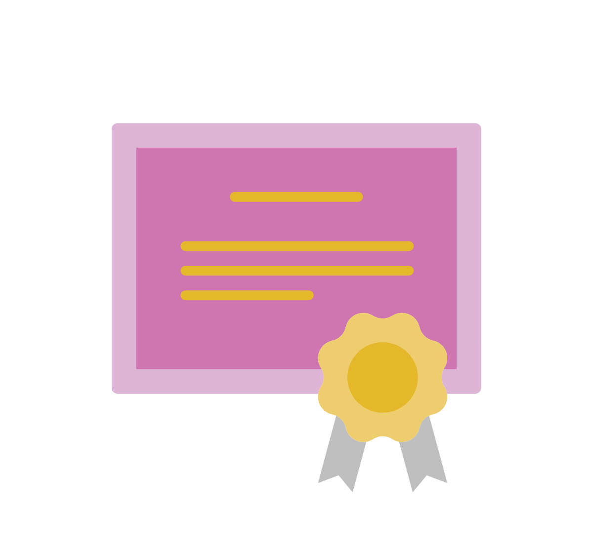 A stylized pink certificate icon with a gold seal and gray ribbons.