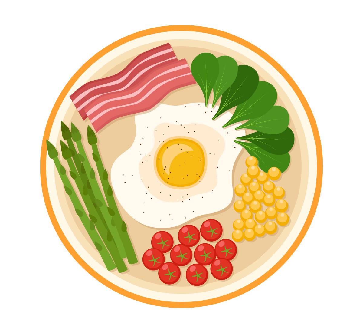 A plate with a fried egg, bacon strips, green asparagus, small tomatoes, spinach leaves, and yellow corn kernels.
