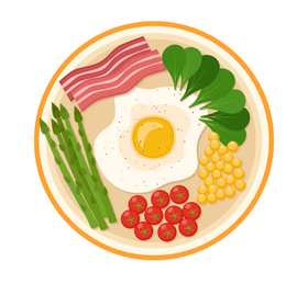 A plate of food with eggs , bacon , asparagus , tomatoes and corn.
