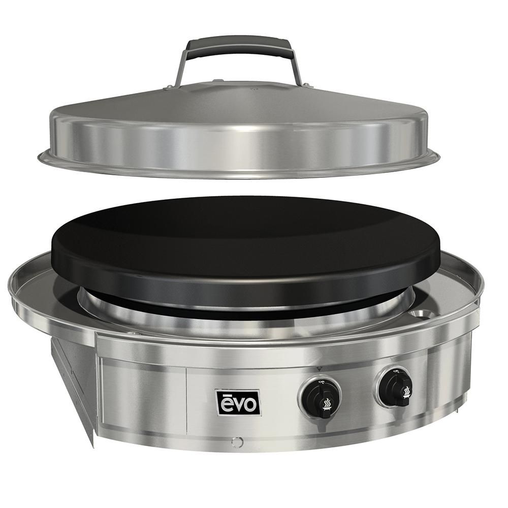 A stainless steel grill with a black burner and a lid.