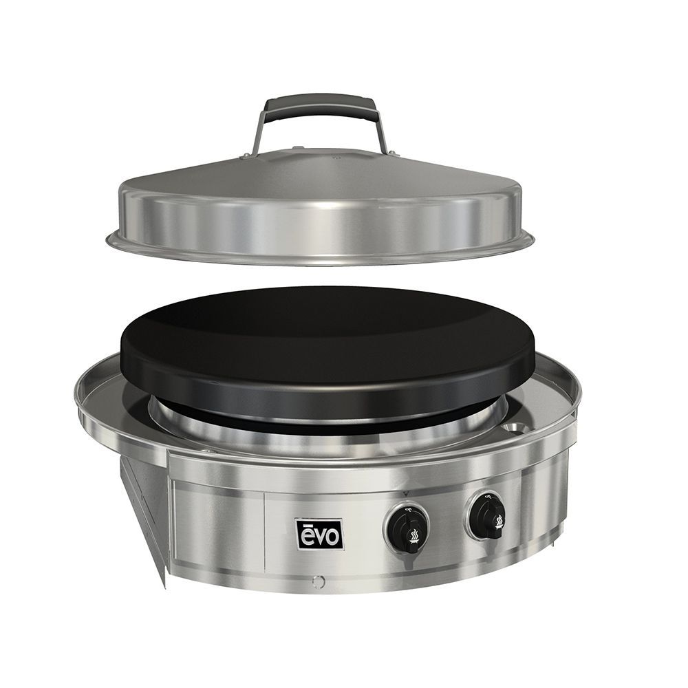 A stainless steel grill with a black burner and a lid.